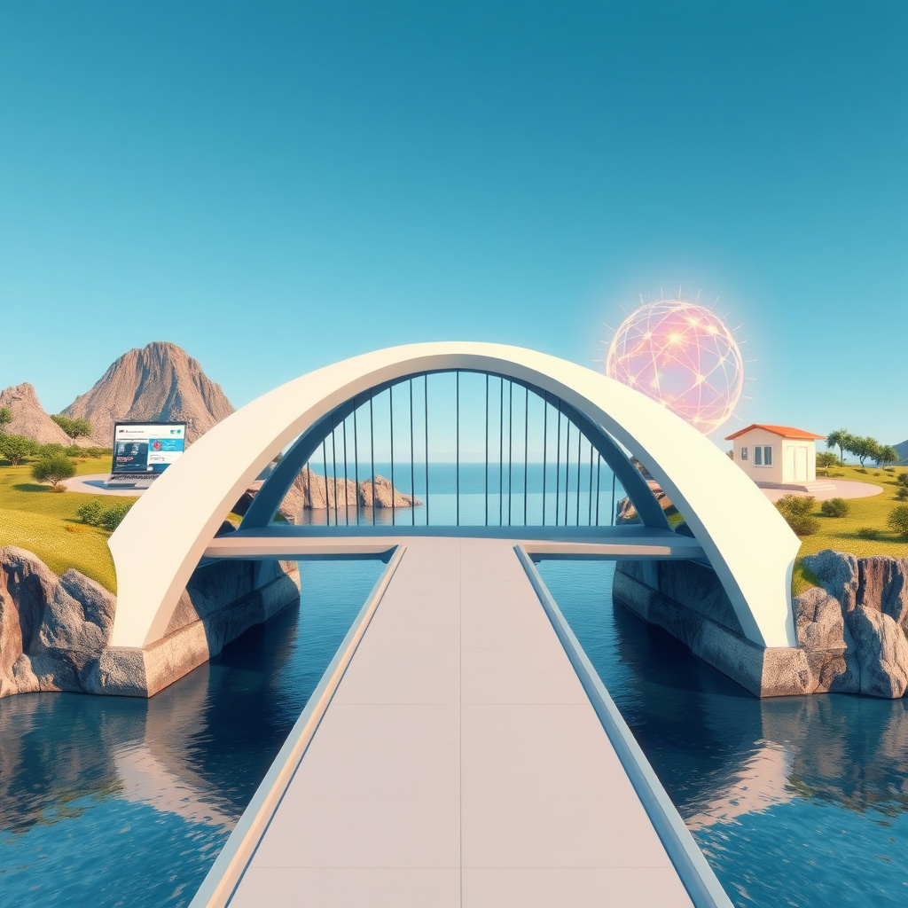 A photorealistic image depicting a bridge connecting two distinct landscapes: one representing web2 (classic web design, well-established), and the other representing web3 (futuristic, decentralized). The bridge is modern and sleek, symbolizing seamless integration. The web2 side features familiar website elements, while the web3 side shows abstract blockchain visuals. Lighting is bright and optimistic. Camera angle is a wide shot showing the entire bridge and both landscapes. 4K resolution.