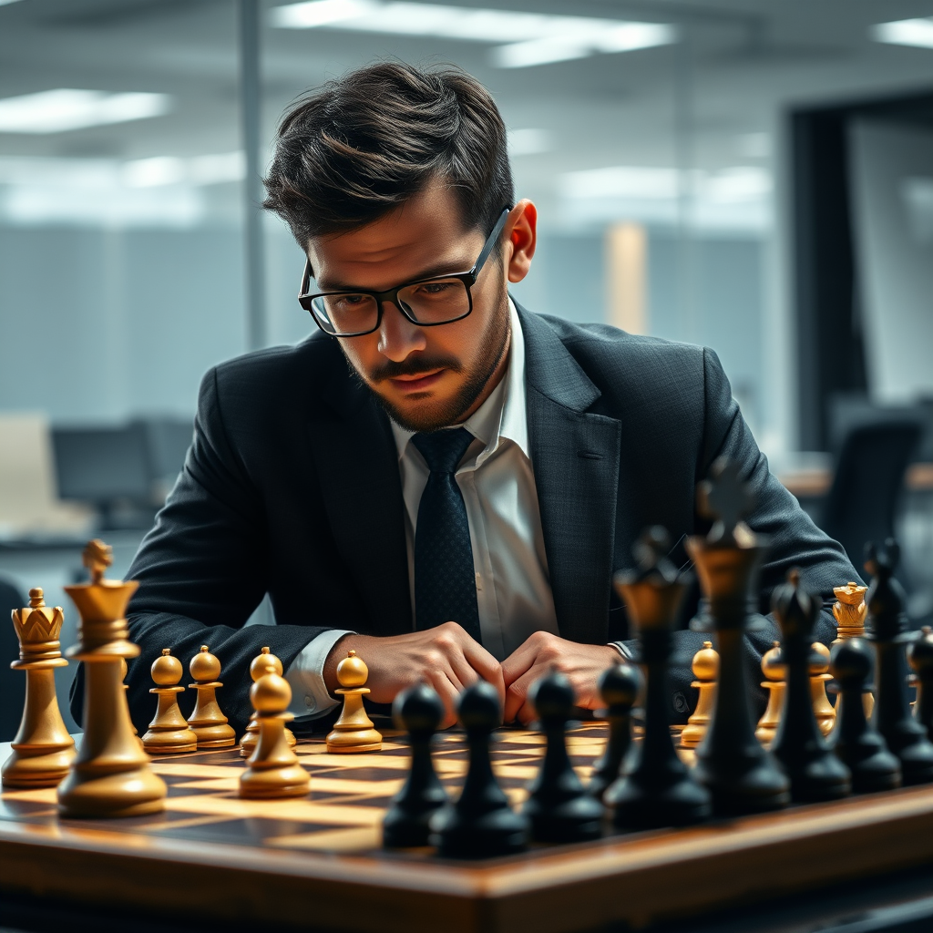 A photorealistic image depicting a chess game where a strategist is thoughtfully analyzing the board. The lighting is focused on the chessboard, symbolizing the strategic focus. The background is a blurred office environment. 4K resolution.
