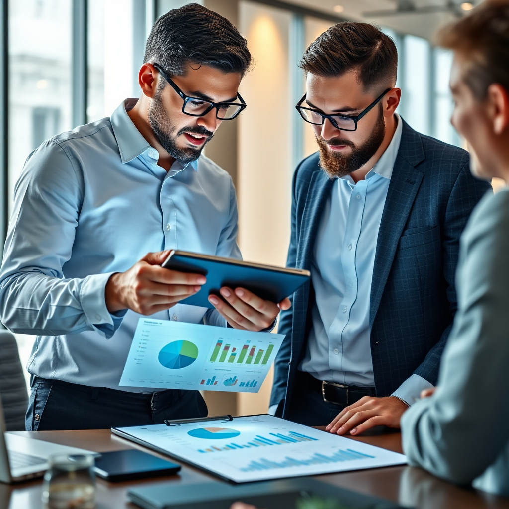 A photorealistic image of a consultant analyzing data on a tablet, with graphs and charts displayed around them. They are collaborating with a client, both engaged in a discussion. The background is a modern office setting. 4K resolution.
