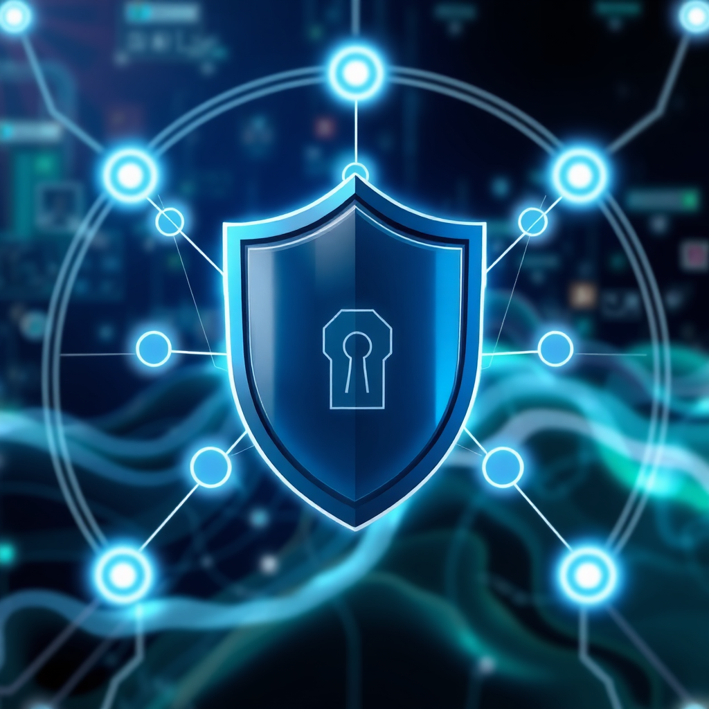 A stylized image of a shield protecting a website interface. The shield is made of interconnected nodes and lines, representing the robust security measures implemented. The background is a digital landscape with a focus on data protection. 4K resolution.