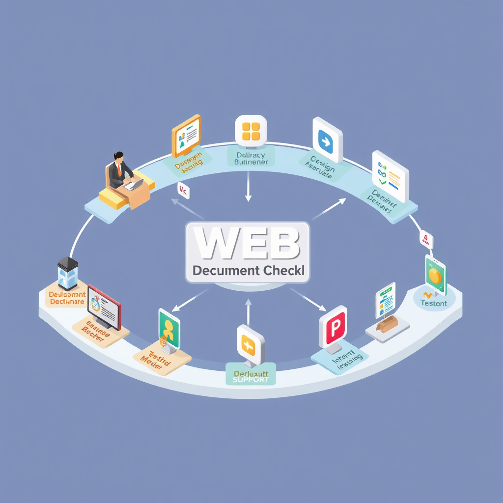 A stylized, isometric illustration showcasing the entire web development lifecycle. The scene starts with a consultation meeting and progresses through design, development, testing, deployment, and support. Each stage is represented by a relevant icon and interconnected with arrows. The color palette is clean and professional. 4K resolution.